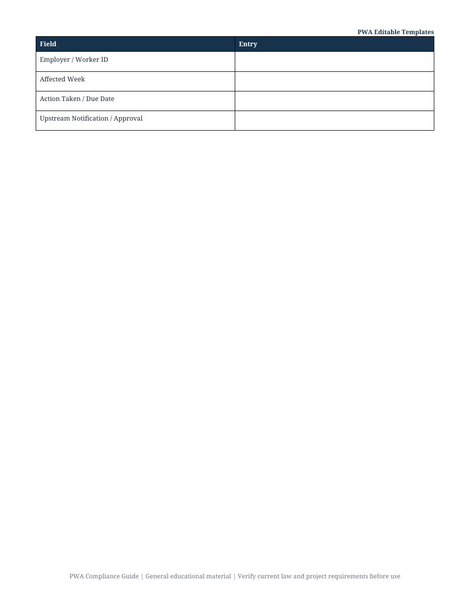PWA deficiency and correction template