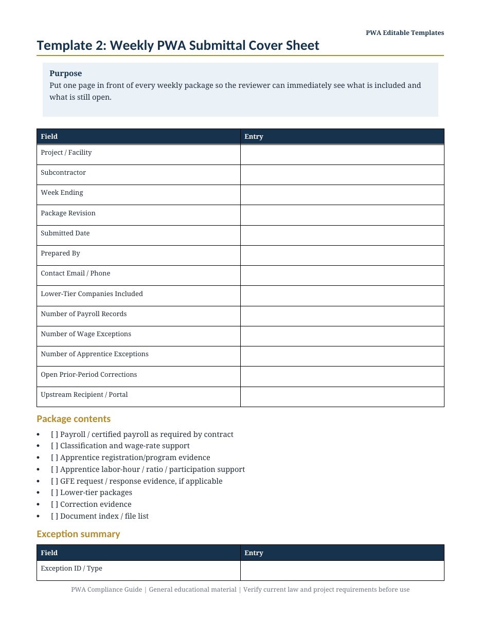 Lower-tier PWA documentation request template